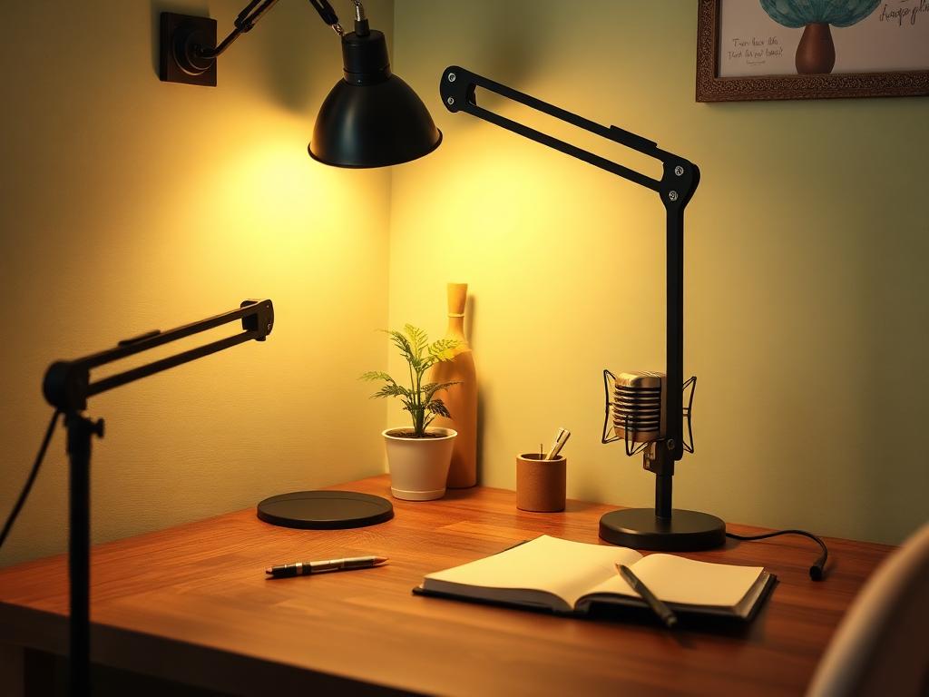 A cozy recording corner with a microphone, soft light, and a plant
